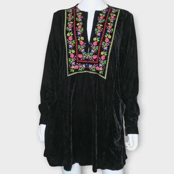 Free People Always Forever Black Velvet Mini Dress Floral Needlepoint Medium - Picture 2 of 6